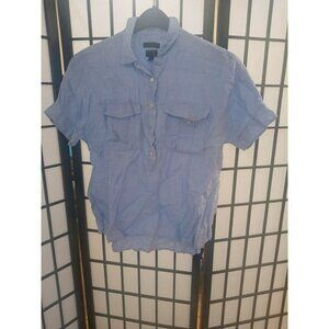 J. Crew Popover Shirt Blue Platted Size 8 Baird McNutt Irish Linen Short Sleeve